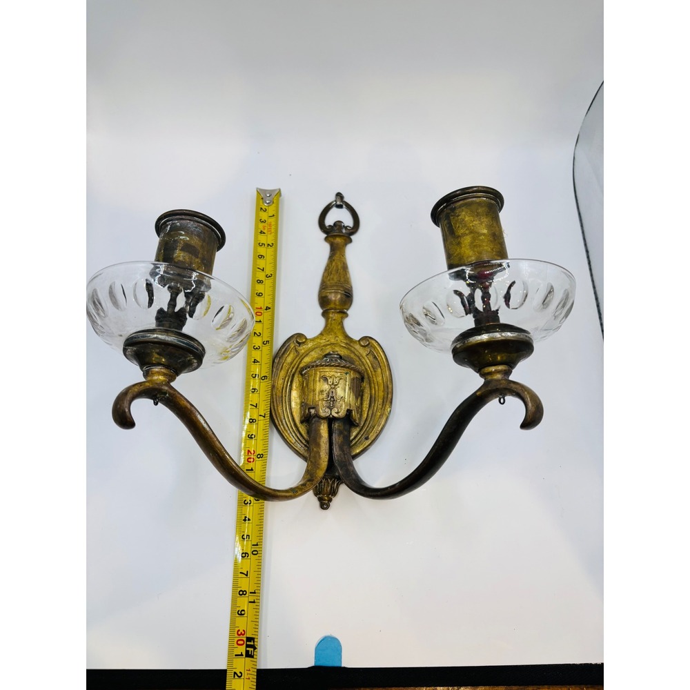 Antique Brass Double Wall Sconce Candle Holder with Glass Bobeches Vintage 2-Arm - Picture 10 of 10